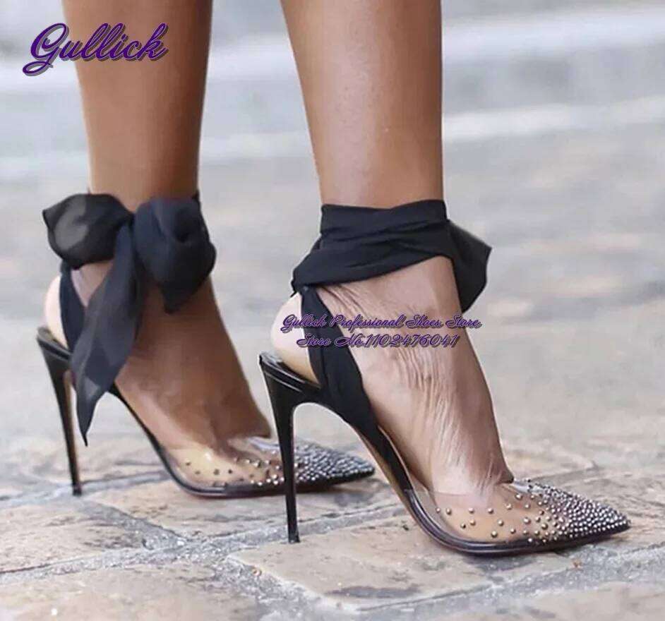 Gullick Red White Black Mesh Butterfly-Knot Lace-Up Wedding Shoes Clear PVC Crystal Pointed Toe Dress Pumps Glittering Slingback