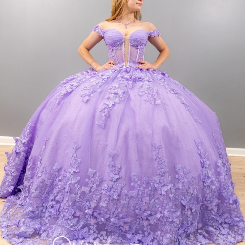 Luxury Lilac Shiny Quinceanera Dresses Beads Appliques Flower Tull Corset Ball Gown Off The Shoulder Birthday Formal Party Vestidos 15 Anos