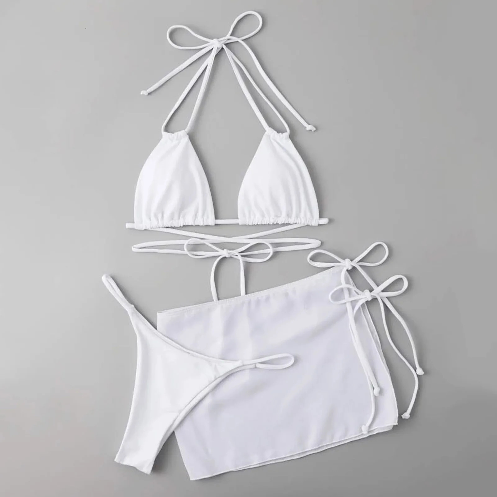 Womens Summer Swim Suit Solid Color Drawstring Strap Three Pieces Beachwear Sexy Bikinis Sets Quick Drying Women Swimsuit 250530