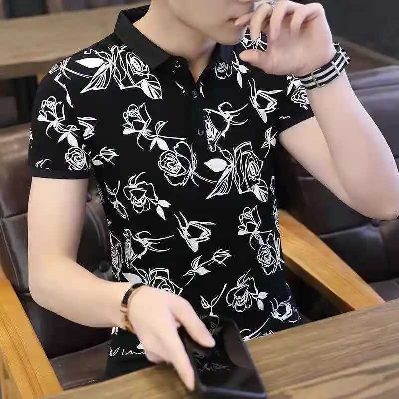 Man 100. Cotton Polo Shirts Print Skinny with Collar T Shirt for Men Party Fashion High Quality Luxury Short Quarter Sleeve HotXJ250605