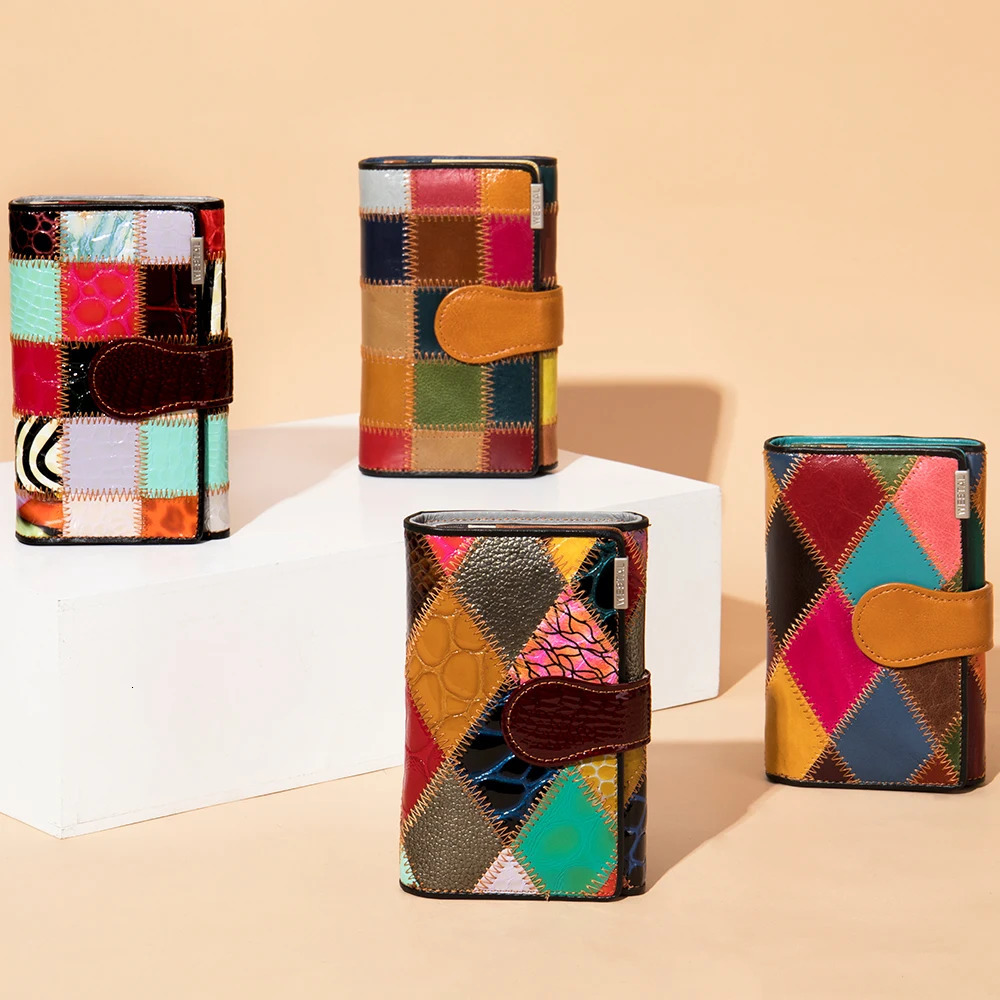 Westal Clutch Bag Women Leather Patchwork Squares Random Color Wallets Vintage Coin Wallet Female Purses Cards For 250605
