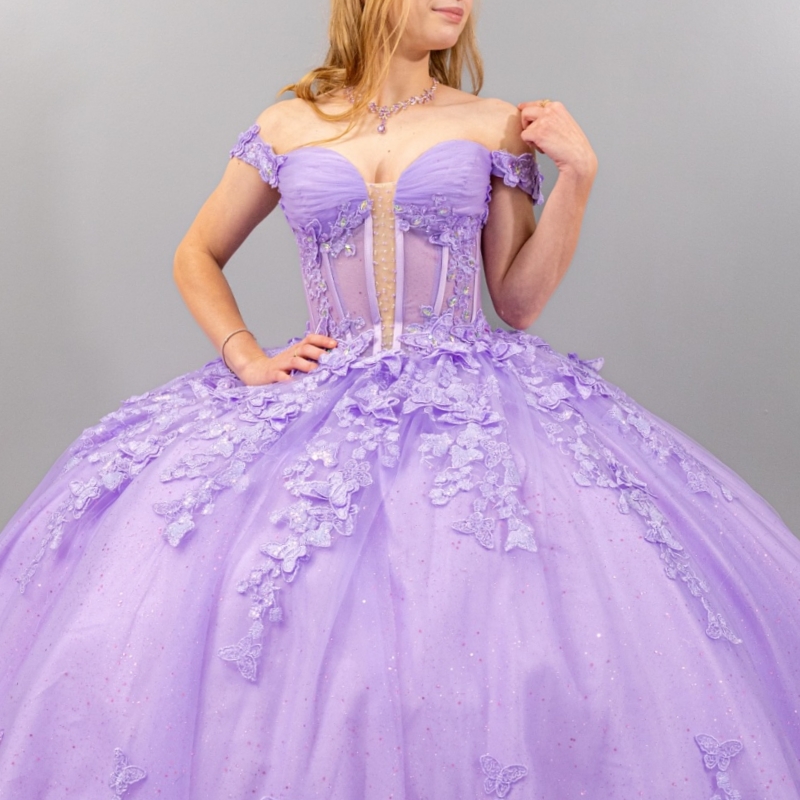 Luxury Lilac Shiny Quinceanera Dresses Beads Appliques Flower Tull Corset Ball Gown Off The Shoulder Birthday Formal Party Vestidos 15 Anos