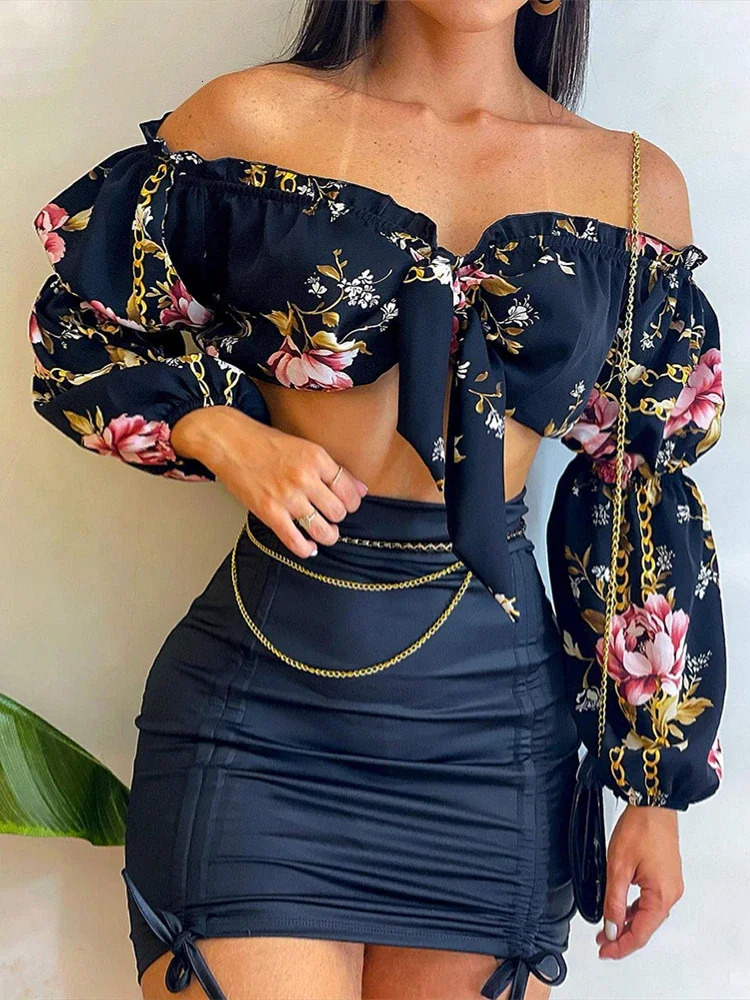 Summer Sexy Skirts Two Piece Set Women Chic Slash Collar Lantern Sleeves Crop Top Solid Pattern Shirring Bodycon Dress Sets 250605Z