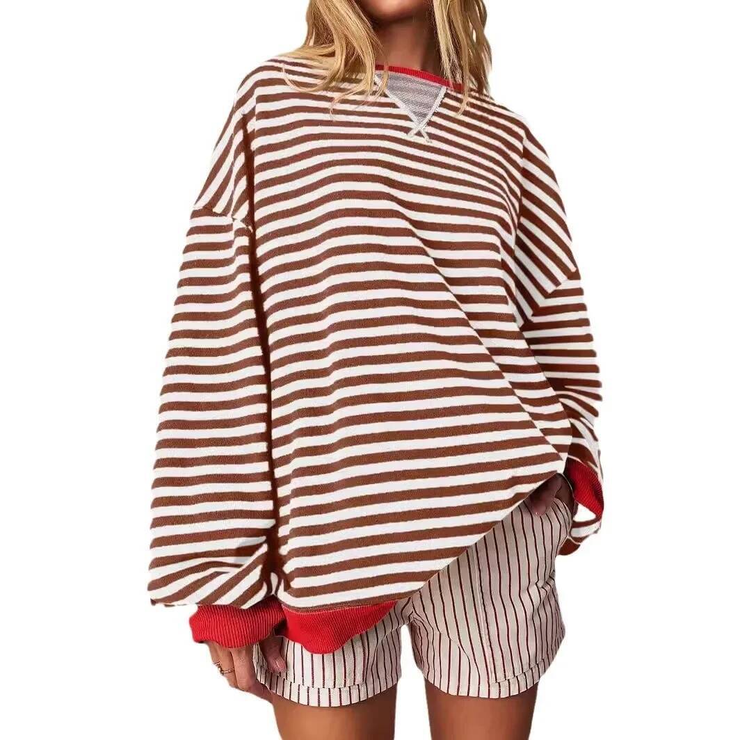 Casual Embroidered Striped Splicing Long Sleeve Crew Neck Pullover Hoodie Women's Clothing Comfortable Breathable Streetwear