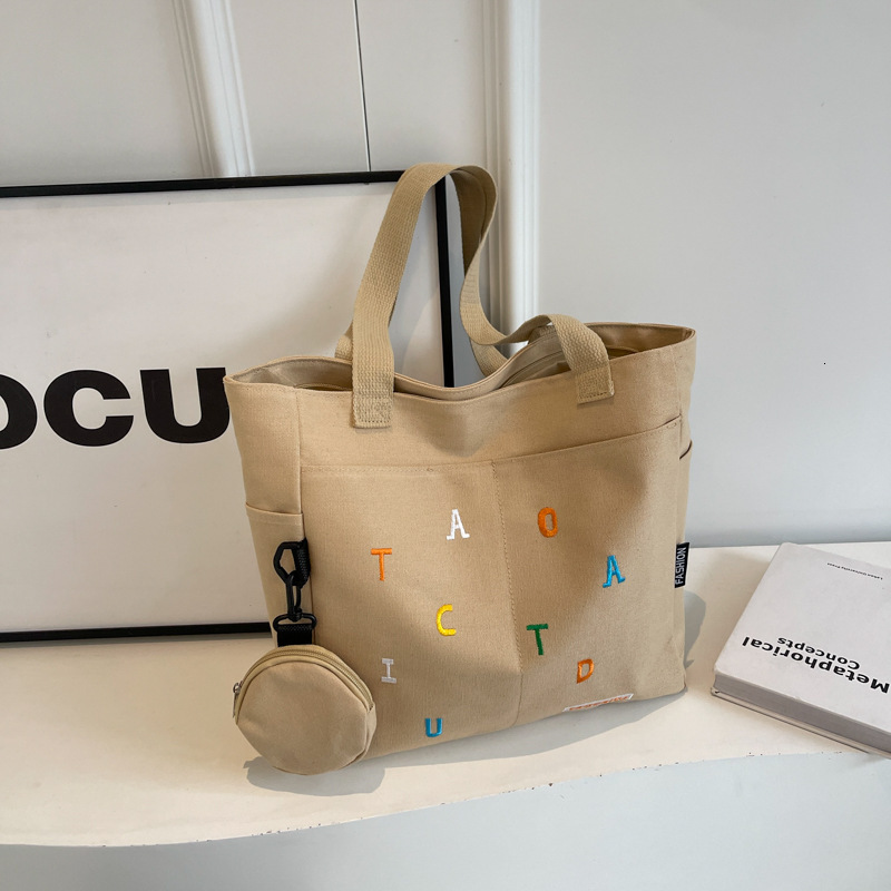 designer Large Capacity Canvas Bag for Women 2025 New Trendy Embroidered Letter Handbag Fresh Style Student Shoulder Tote Bag