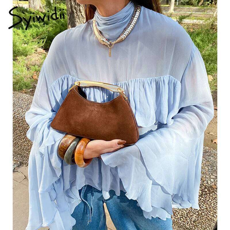 Syiwidii Temperament Turtleneck Blouse Women Blue Mesh See Through Ruffles Flare Sleeve Tops 2025 New Chic High Street Blouses