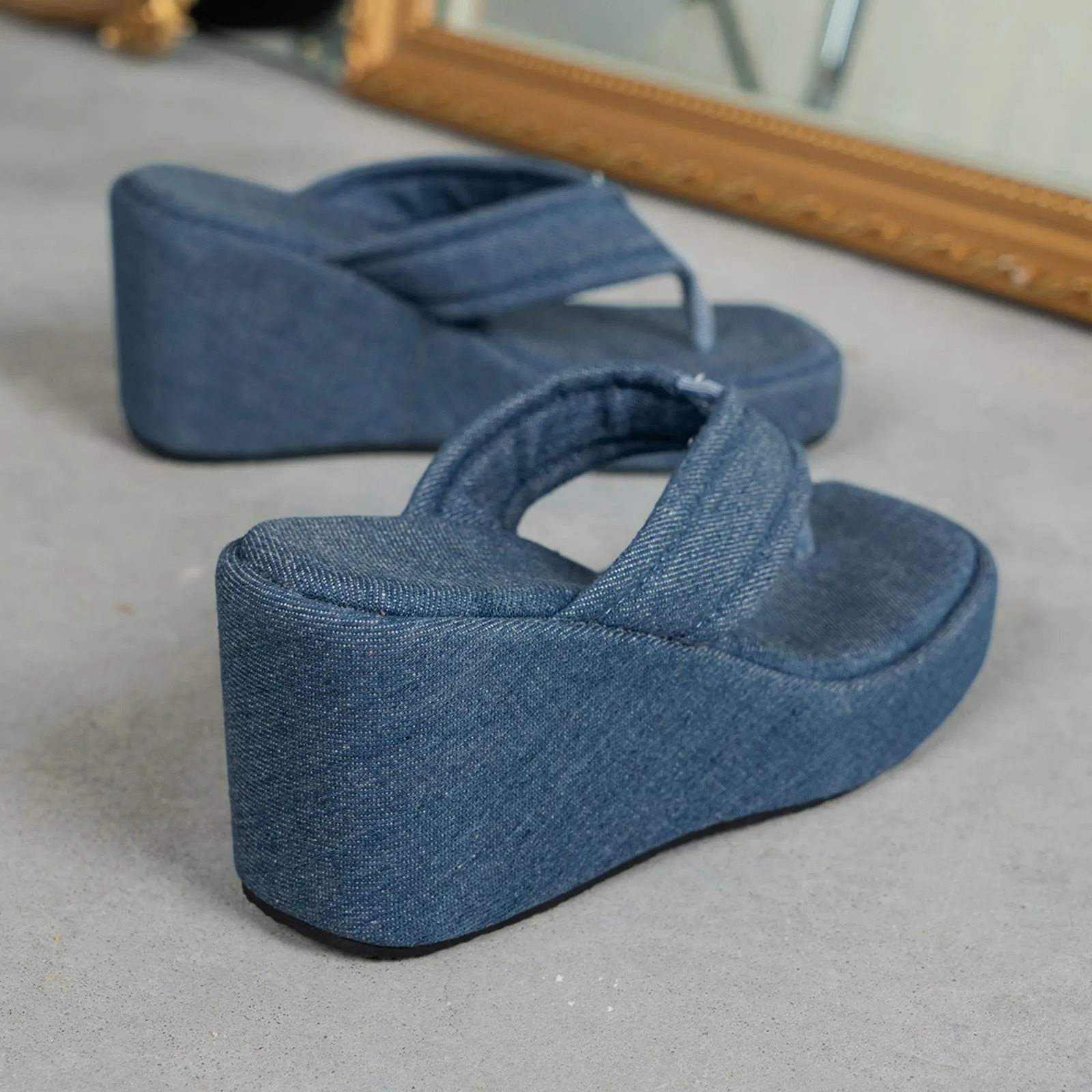 Casual Slippers Womens Shoes Denim Flip Flops Wedge Heel WomenS Summer Thick Soled High Heeled Platform 250605