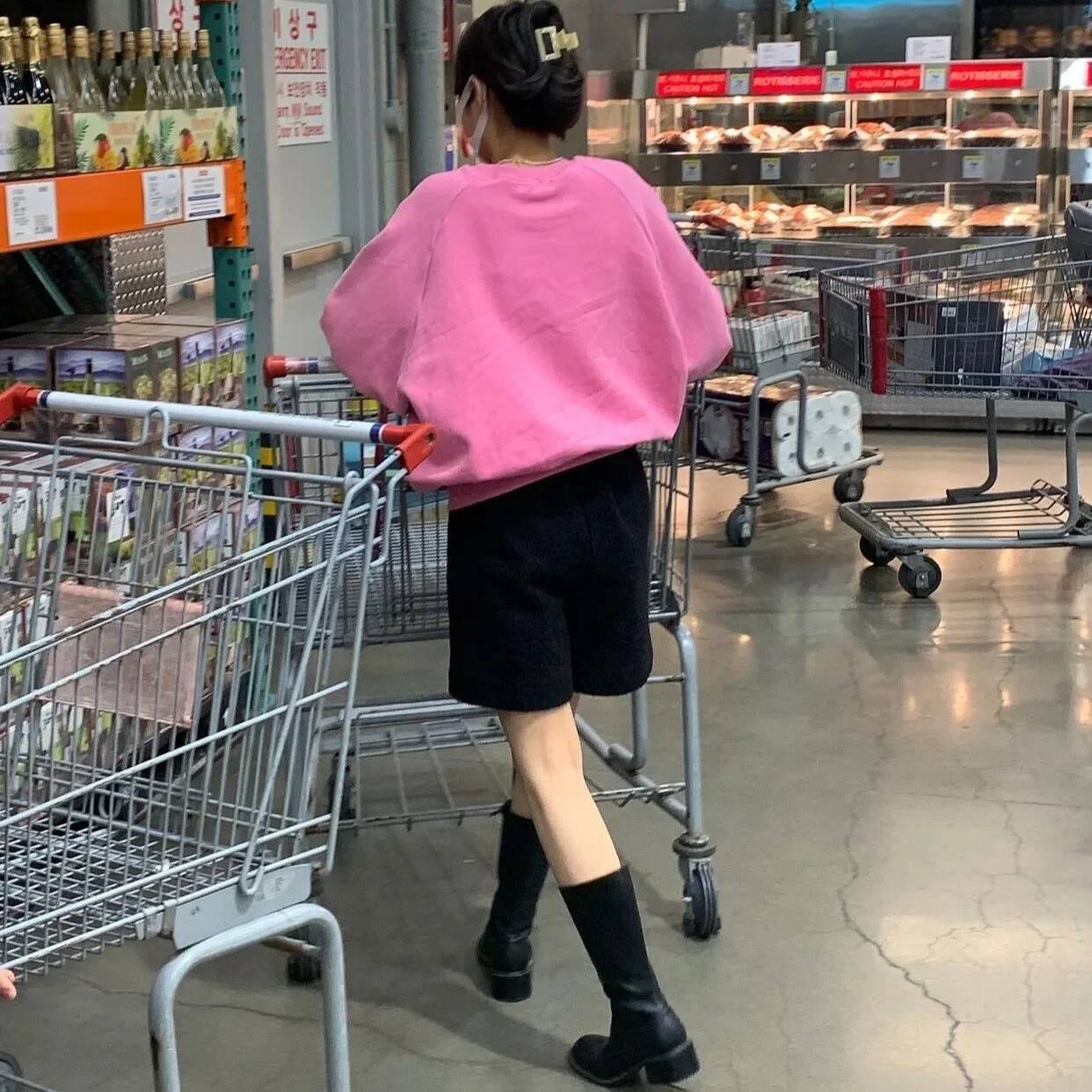 Retro Loose Round Neck Long Sleeve Pink Sweatshirt Embroidered Letter Korean Style Cotton Crewneck Pullover Female Top