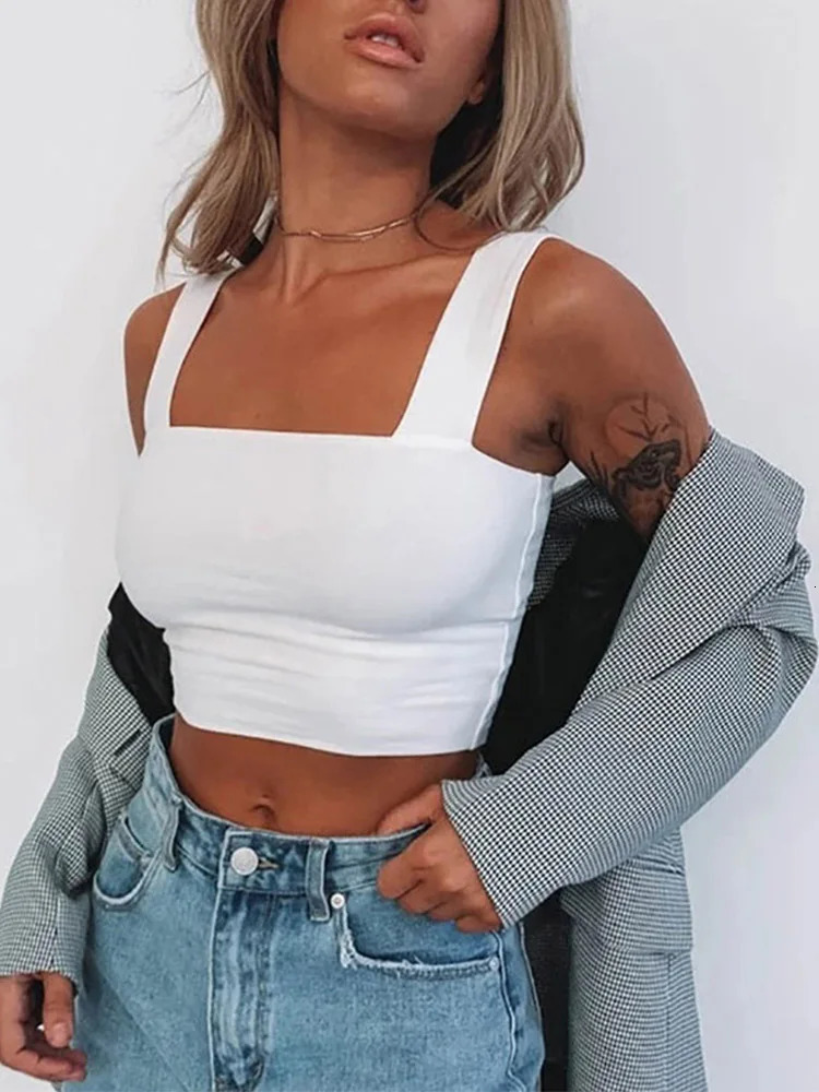 Square Neck Sleeveless Summer Crop Top White Women Black Casual Basic T Shirt Off Shoulder Cami Sexy Backless Tank Top 250529