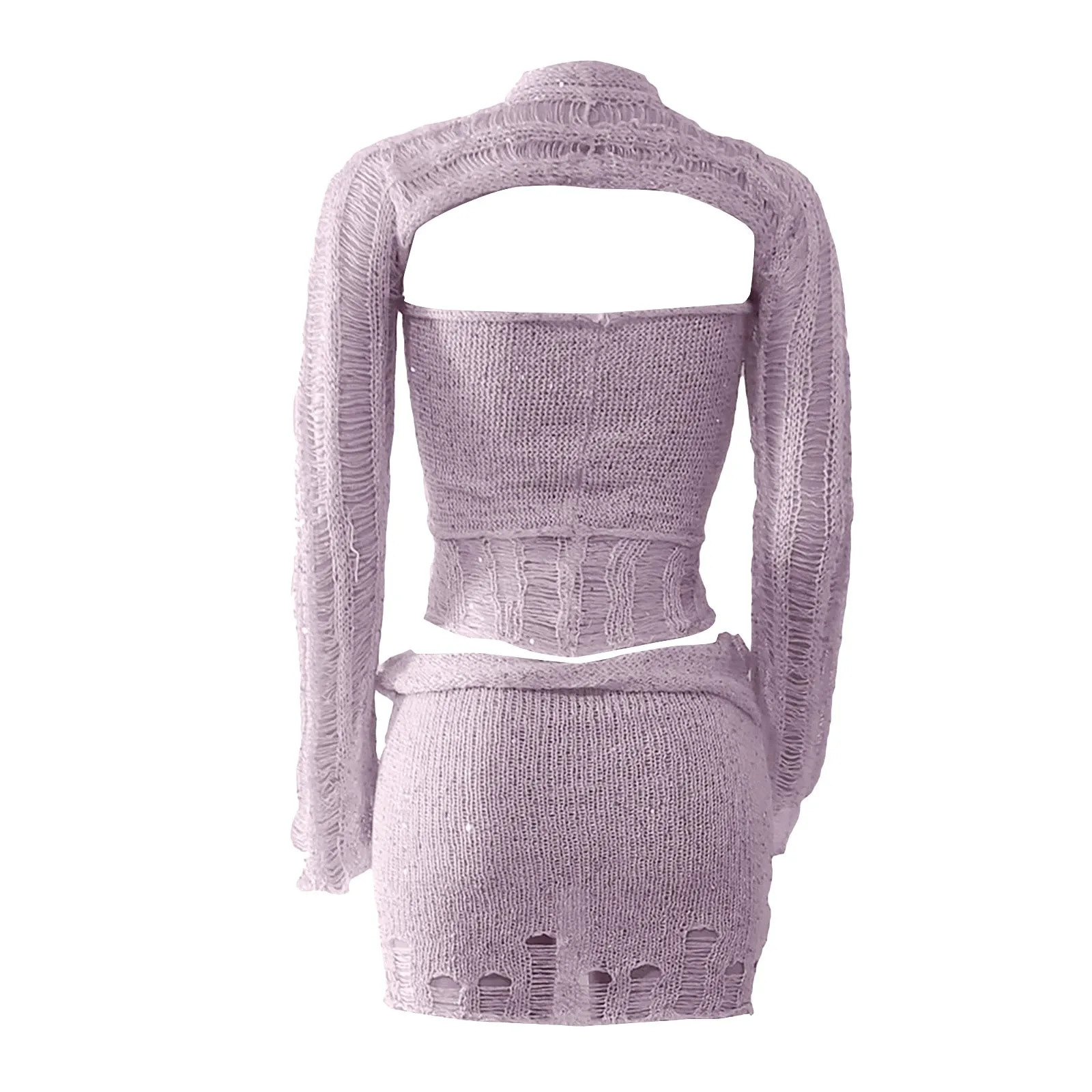 Women Crochet Knitted Dress Hollow Sequins Bandage Sexy Crop Tops Elegant Knit Sequin 2 Piece Set Outfit Winter Suit 250605Z