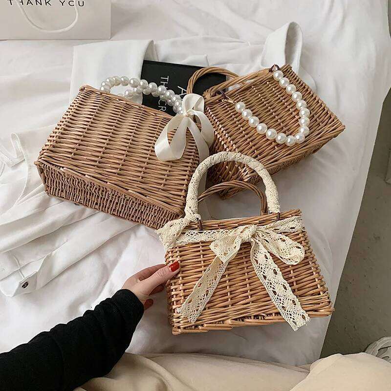 Casual Pearl Handle Women Handbag Summer Quality Rattan Handmade Tote Fashion Shoulder Bags Ribbon Bow Women's Bag