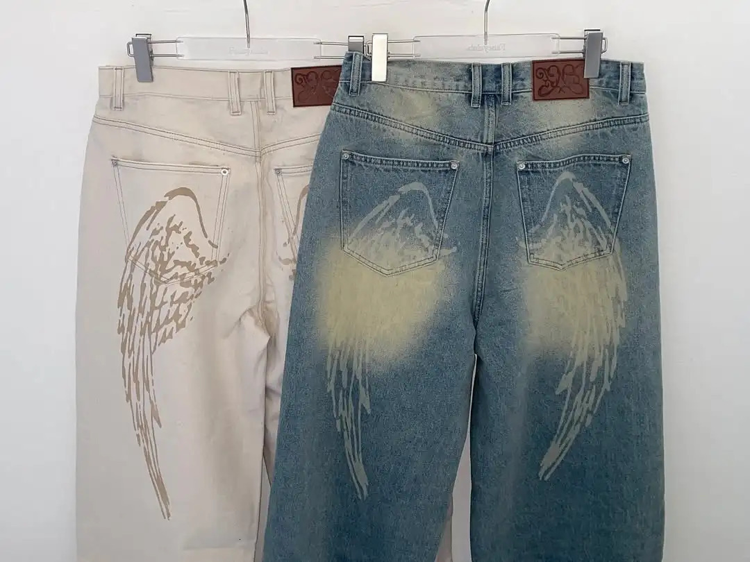 Y2K Fashion Loose Jeans Korean Simple Light Colored Straight Leg Harajuku Retro Angel Wing Print Solid Color Jeans 250604