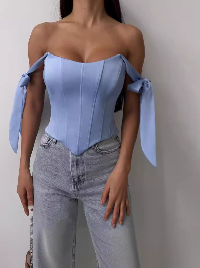 Skinny and slim fit small top for women sexy with a large backless strap irregular collarbone fishbone strapless for women
