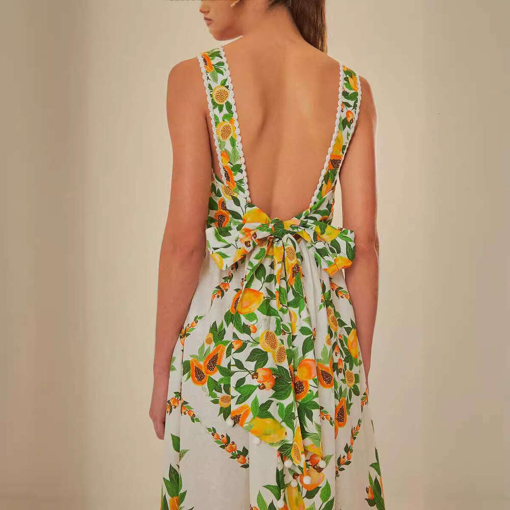 Heavy Lace Patchwork Print Ruffle Long Summer New Fashion Women's Dress With Straps B5