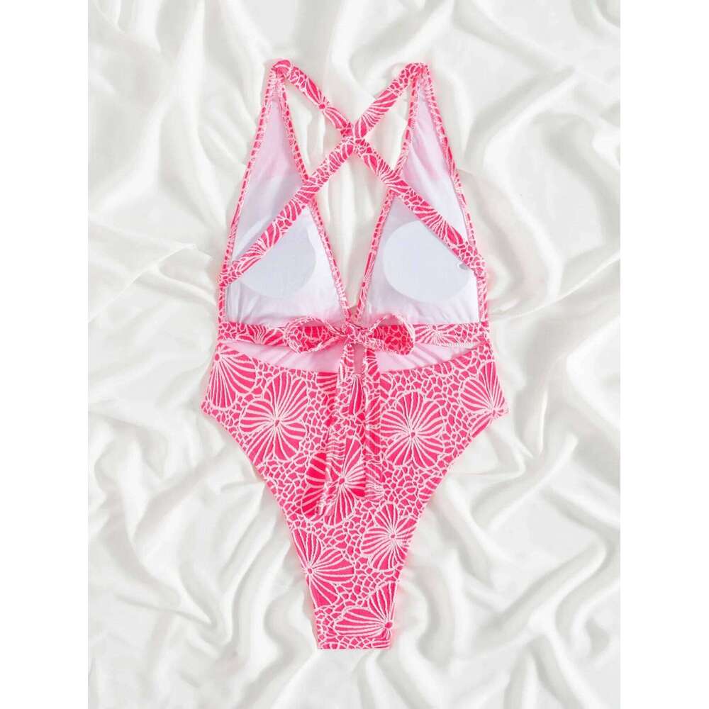 New Sexy V-neck One Piece Swimsuit For Women Cross Bandage High Waisted Bathing Suit Cut Out Monokini Printed Swimwear Beachwear