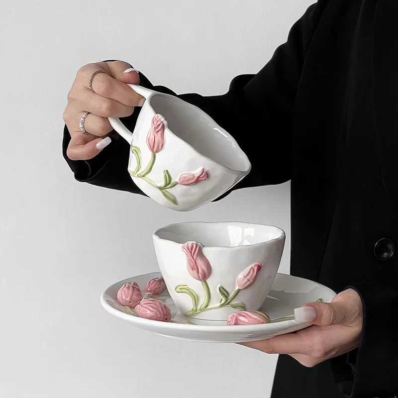 French Tulip Ceramic Coffee Cups Plate Bowl Unique Three-dimensional Embossed Design Home Desserts Tableware Kitchen Accessories C251210