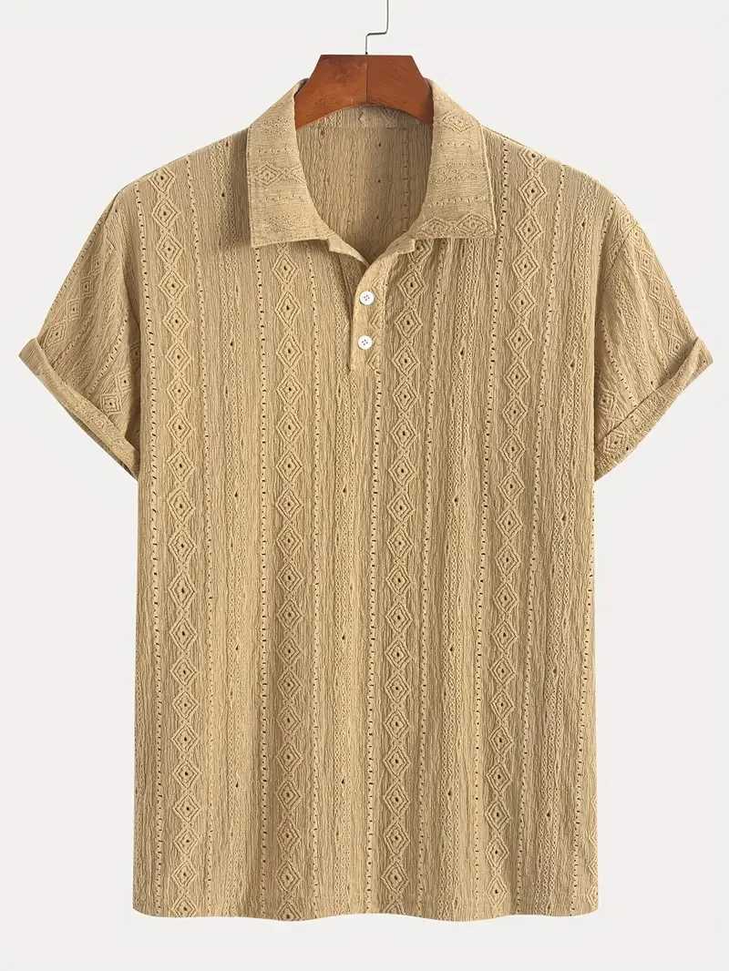 New Polo Shirts For Men Streetwear Solid Color Jacquard Textured Half Buttoned Short Sleeves T-shirt Mens Basic Tops XJ250605