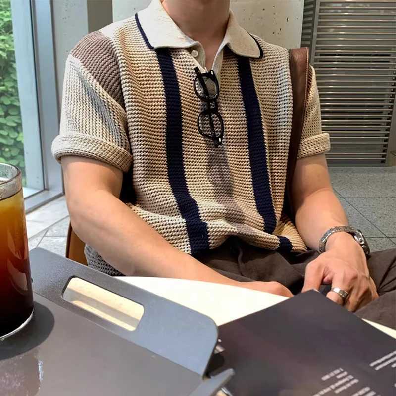 Stylish Striped Hollow Out Knit Polo Shirts Mens Vintage Polo Collar Button Knitted Tops For Men Summer Casual Breathable Polos XJ250605