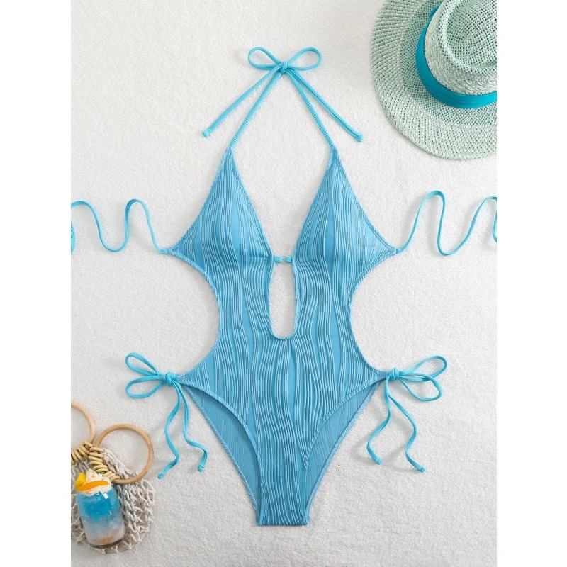 Sexy Halter V Neck Ruched Swimwear Women Hollow Out Bandage Backless One Piece Swimsuit Solid High Leg Cut Bathing Suit 250604