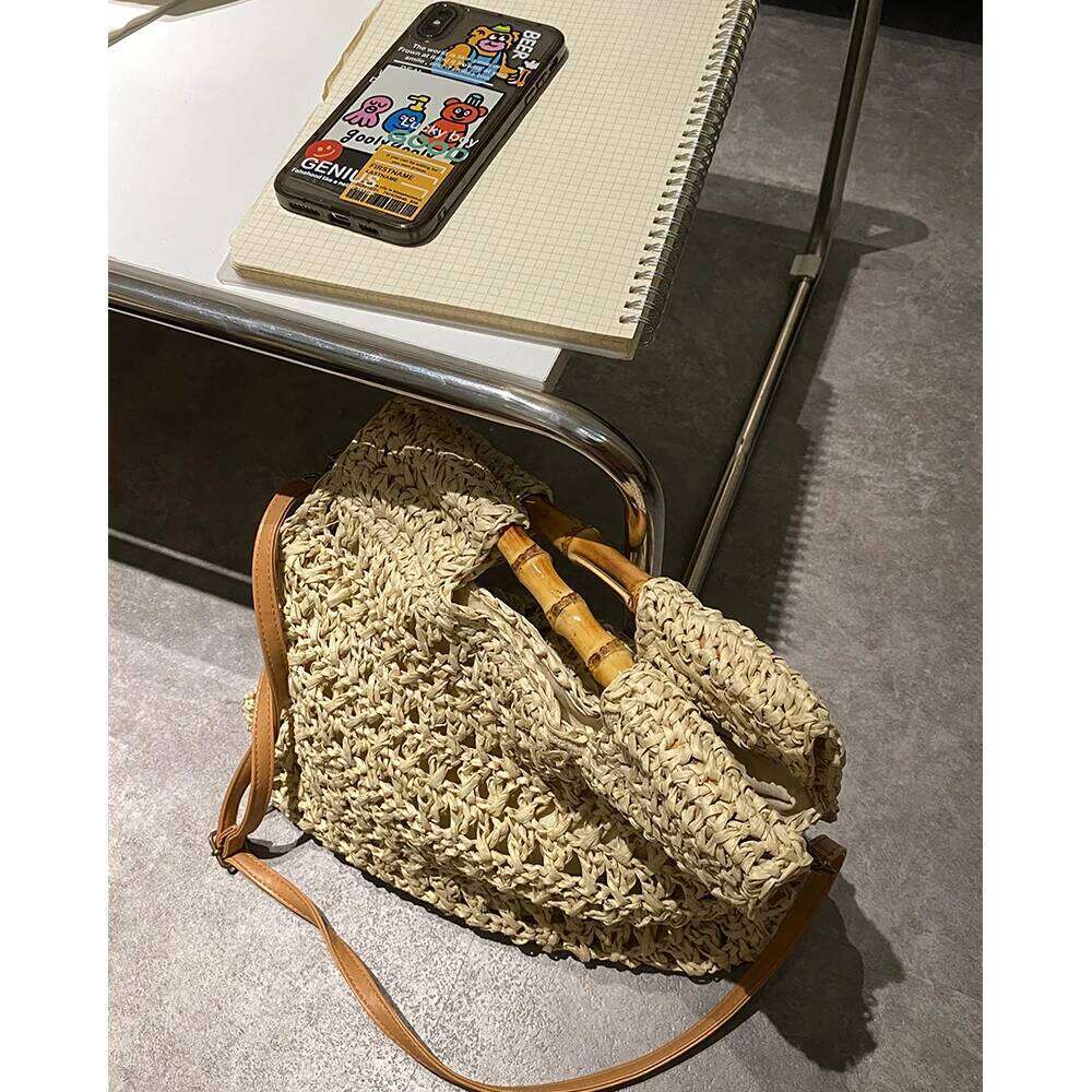 Bamboo Handle Straw Handbag Handmade Woven Beach Bags For Women Paper Rope Knitting Rattan Square Shoulder Crossbody Bag New