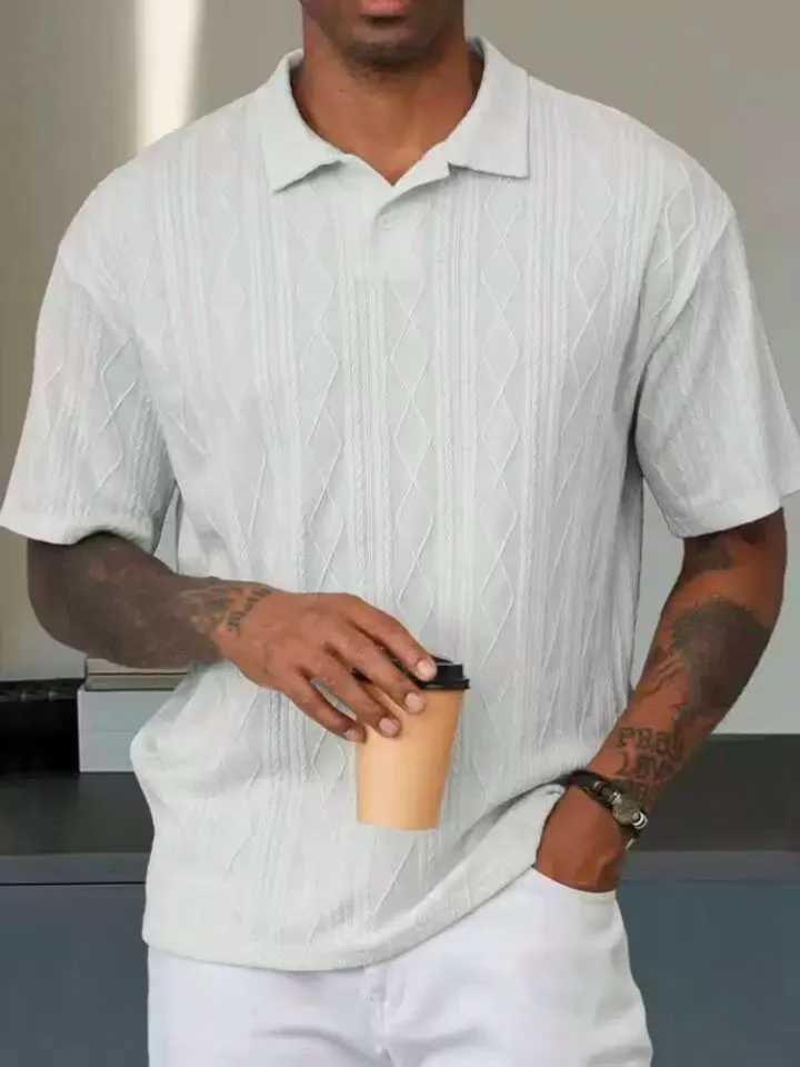 2025 New style summer mens fashion textured line short-sleeved POLO shirt Casual lapel solid color jacquard top XJ250605