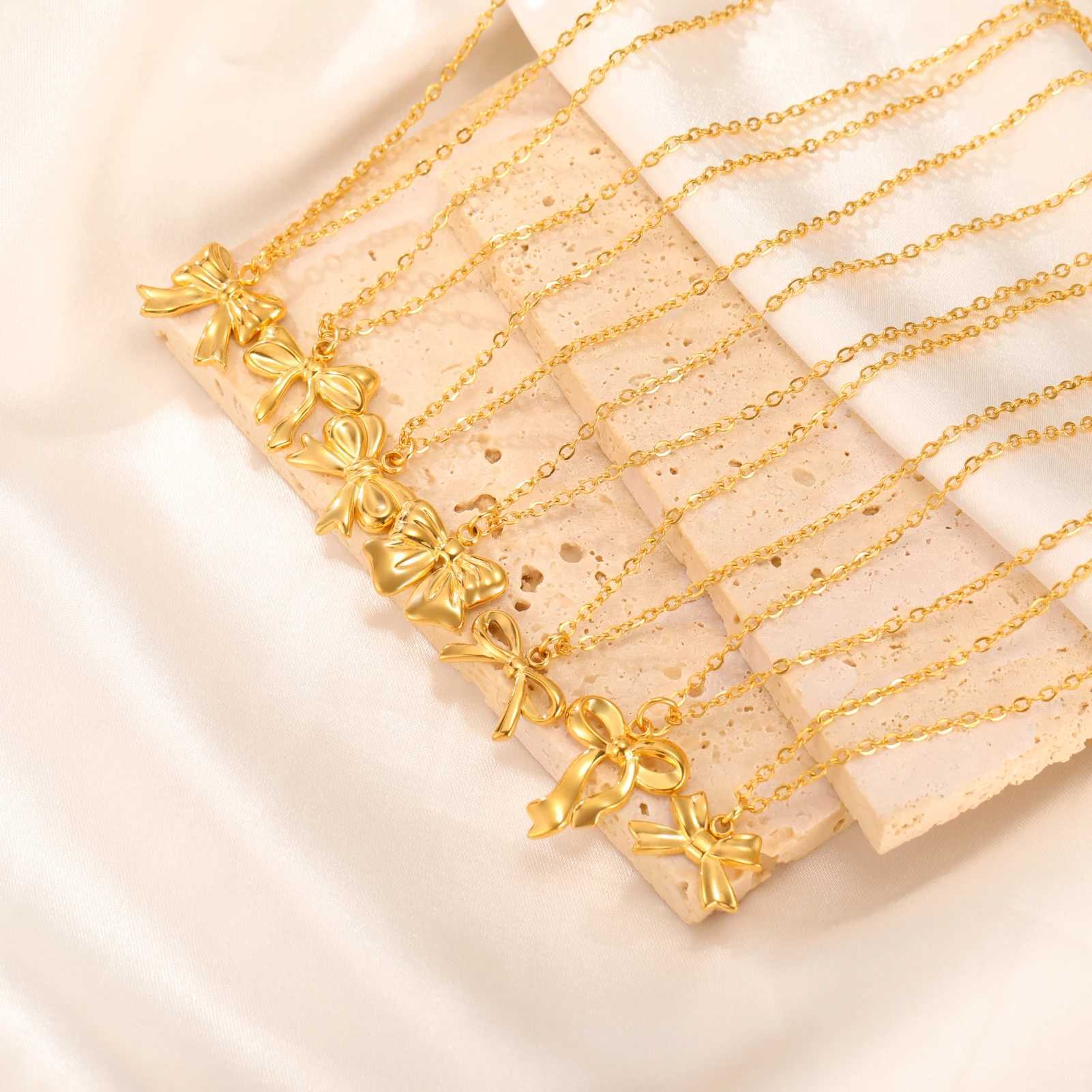 Skyrim Sweet Bowknot Pendant Necklace for Women Girls Stainless Steel Gold Color Chain Choker Trendy Birthday Jewelry Wholesale XJ250604