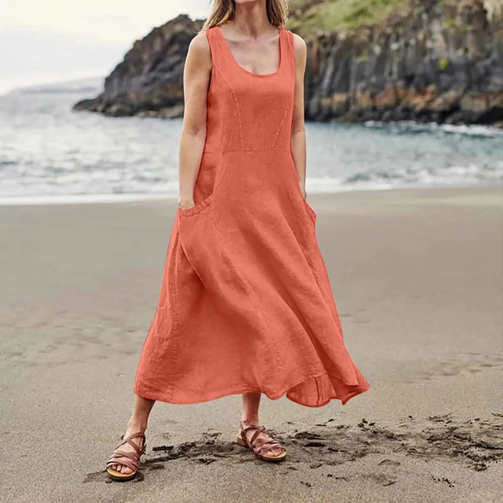 Cotton And Linen Sleeveless Long Dress Casual Solid Color Pocket WomenS Simple Elegant Dress 250604