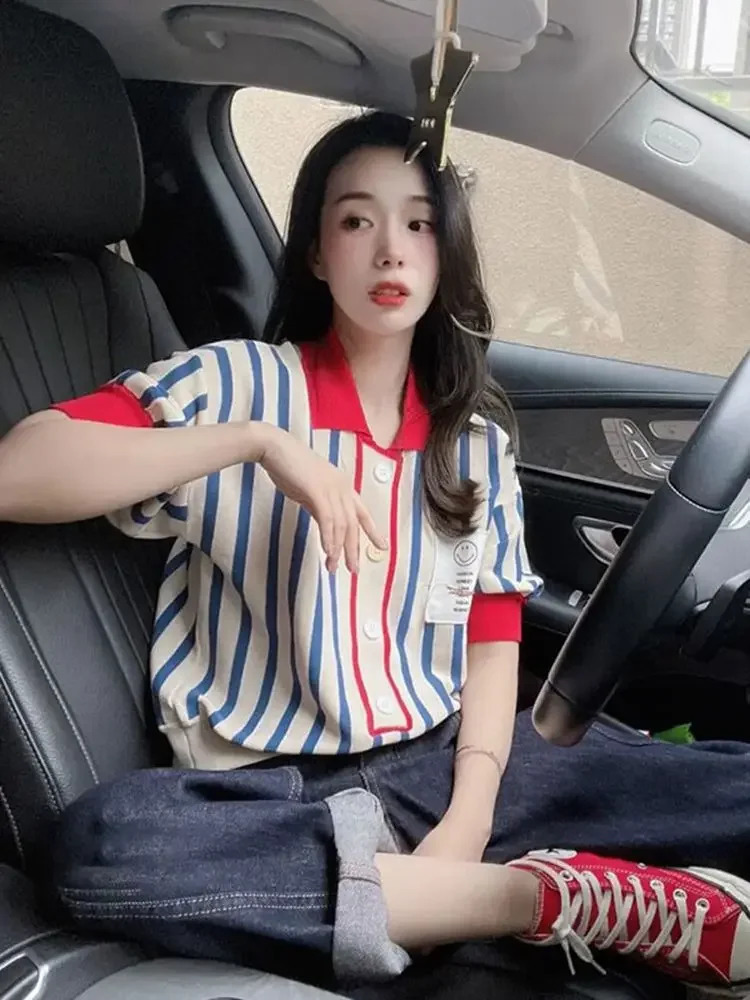 Womens Polo Shirts Striped Cute Female Tee Button Kawaii Offer Free Tshirts y Youth in Trend Clothing 250604