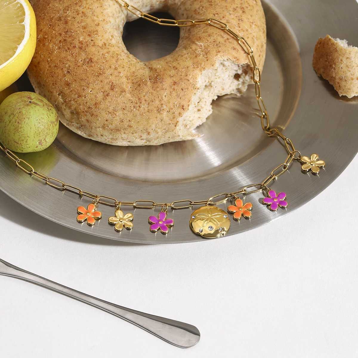 Zora Womens Holiday Style Colorful Oil Drop Flower Necklace 18K Gold-plated Stainless Steel Multi-Pendant Waterproof Jewelry XJ250604