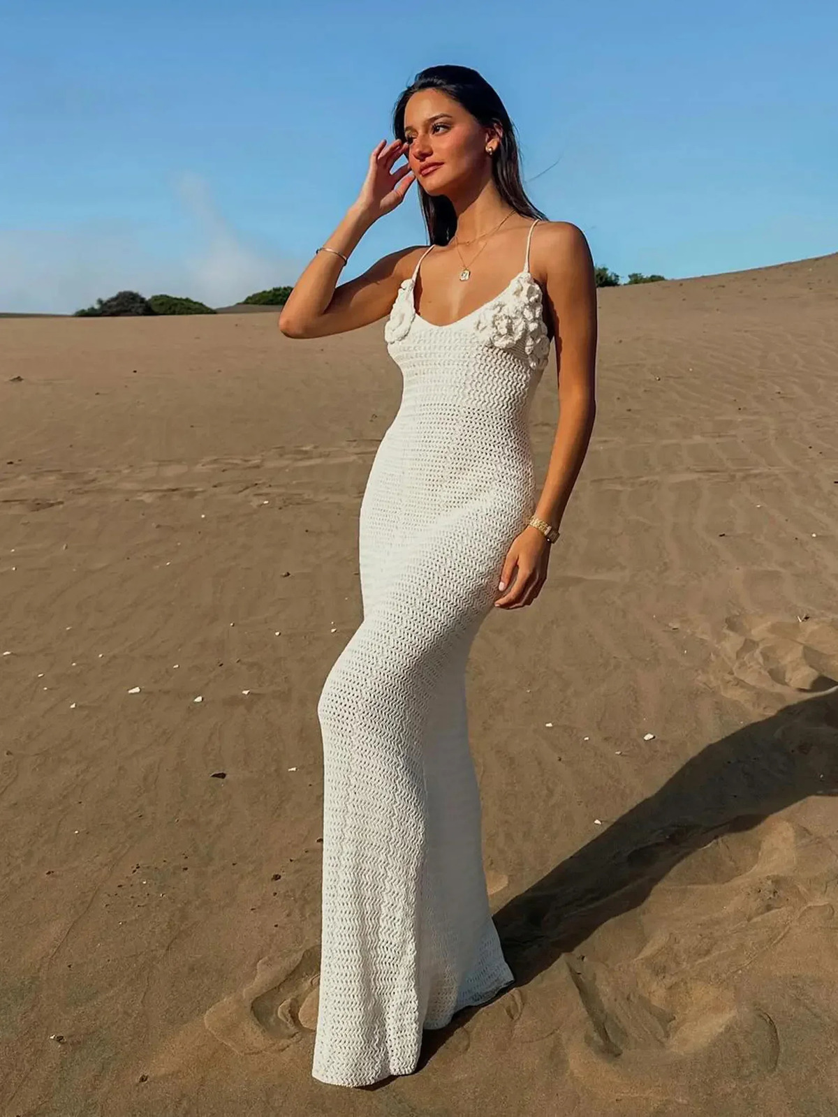 White Knit Cut Out Spaghetti Strap Flower Long Dress Sexy V Neck Bodycon Beach Maxi Dress 2025 Summer Women Holiday Outfit K79 250604