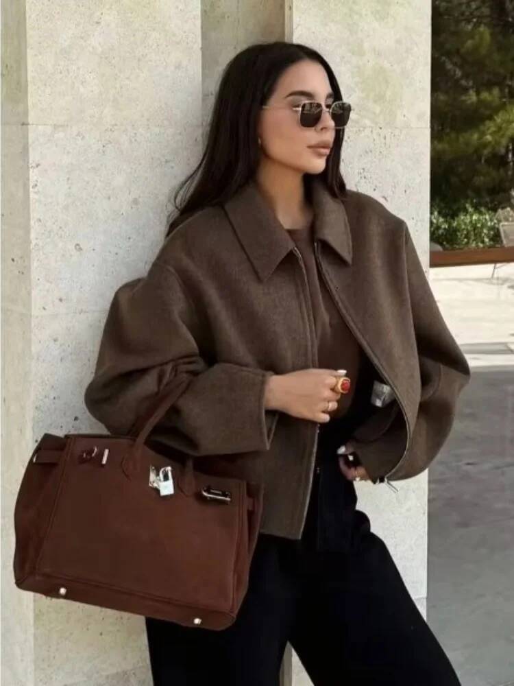 Zipper Crop Jackets For Women Vintage Turn Down Collar Full Sleeves Woolen Coat Lady 2025 Spring Autumn New Chic Casual Overcoat