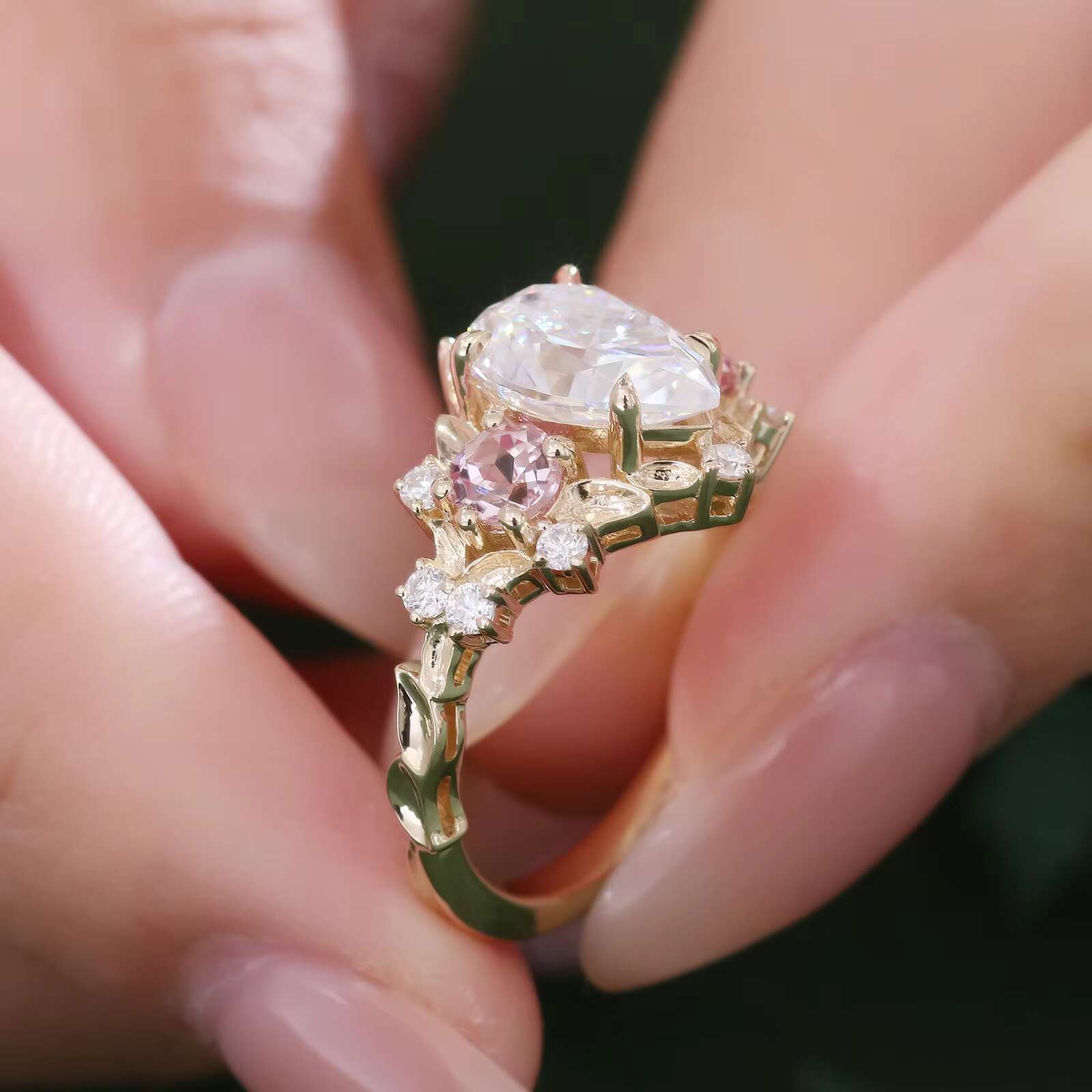 Vintage 14k Yellow Gold Cluster Pear Shape 2 Ct DEF High Quality Moissanite Ring Womens Fine Jewelry Provence Wedding Ring