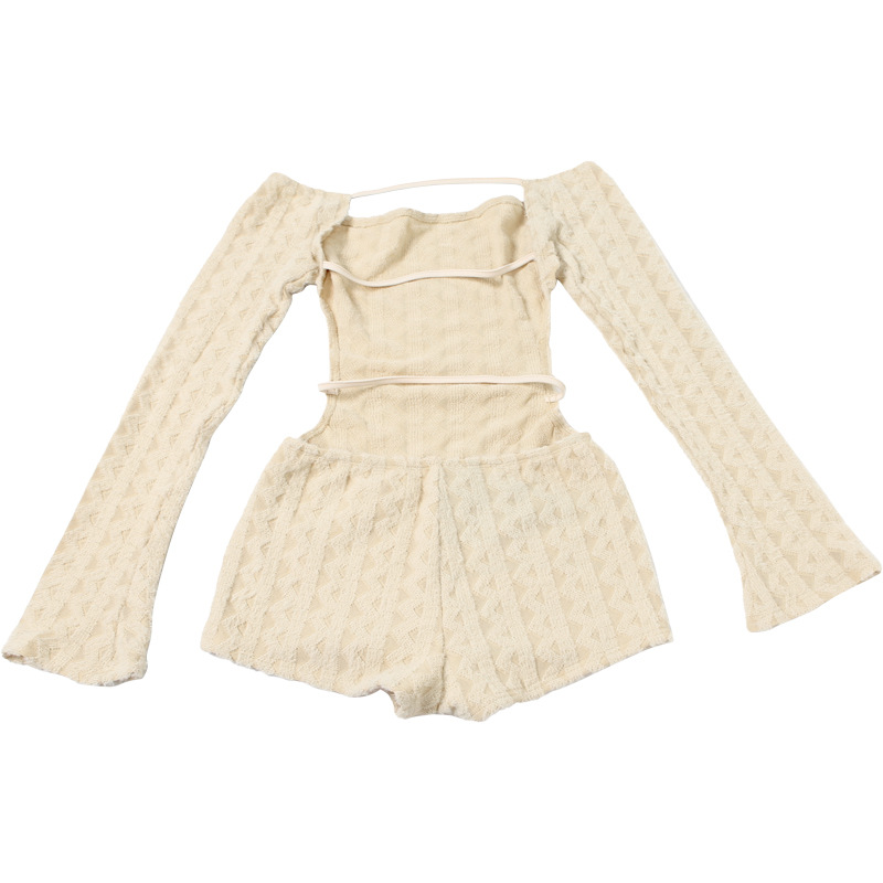 Backless Romper Women Knit Thin Fall Slash Neck Full Sleeve Hipster Playsuit Street Workout Activity Shorts Overalls