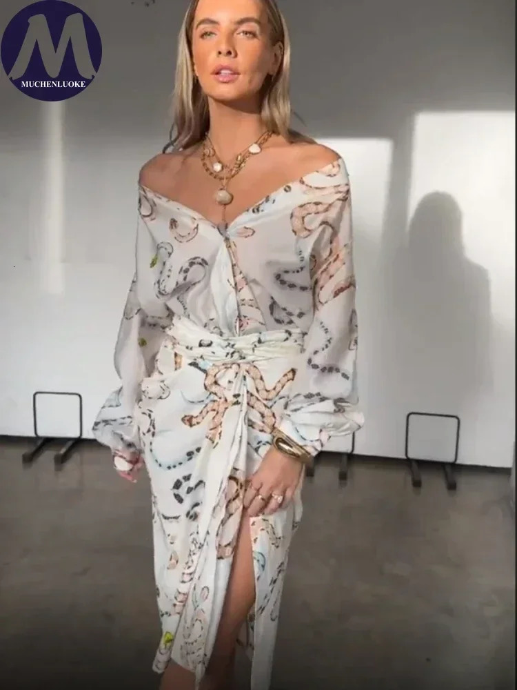 Womens Printed V Neck Shirt Dress Long Sleeves Fashionable Casual Loose High Waisted Slit Skirt Summer 2025 250605Z