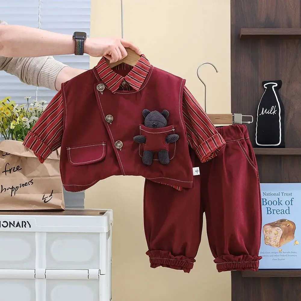 Spring and Autumn Childrens Clothing Set 2025 New Korean Version Boys Baby Vest Shirt Pants 3-Piece Set Kids Outfits 80-120cm R250606