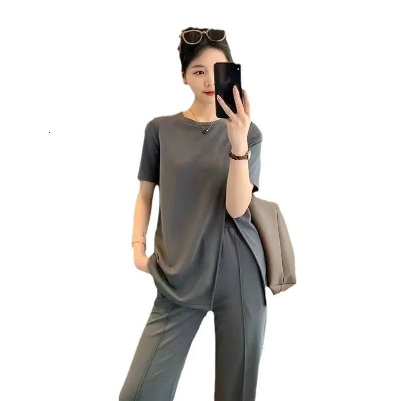Ice Silk Wide Leg Pants Set Women Summer Korean Fashion Loose n Sense Slit Short Sleeve Top Trendy 250605Z