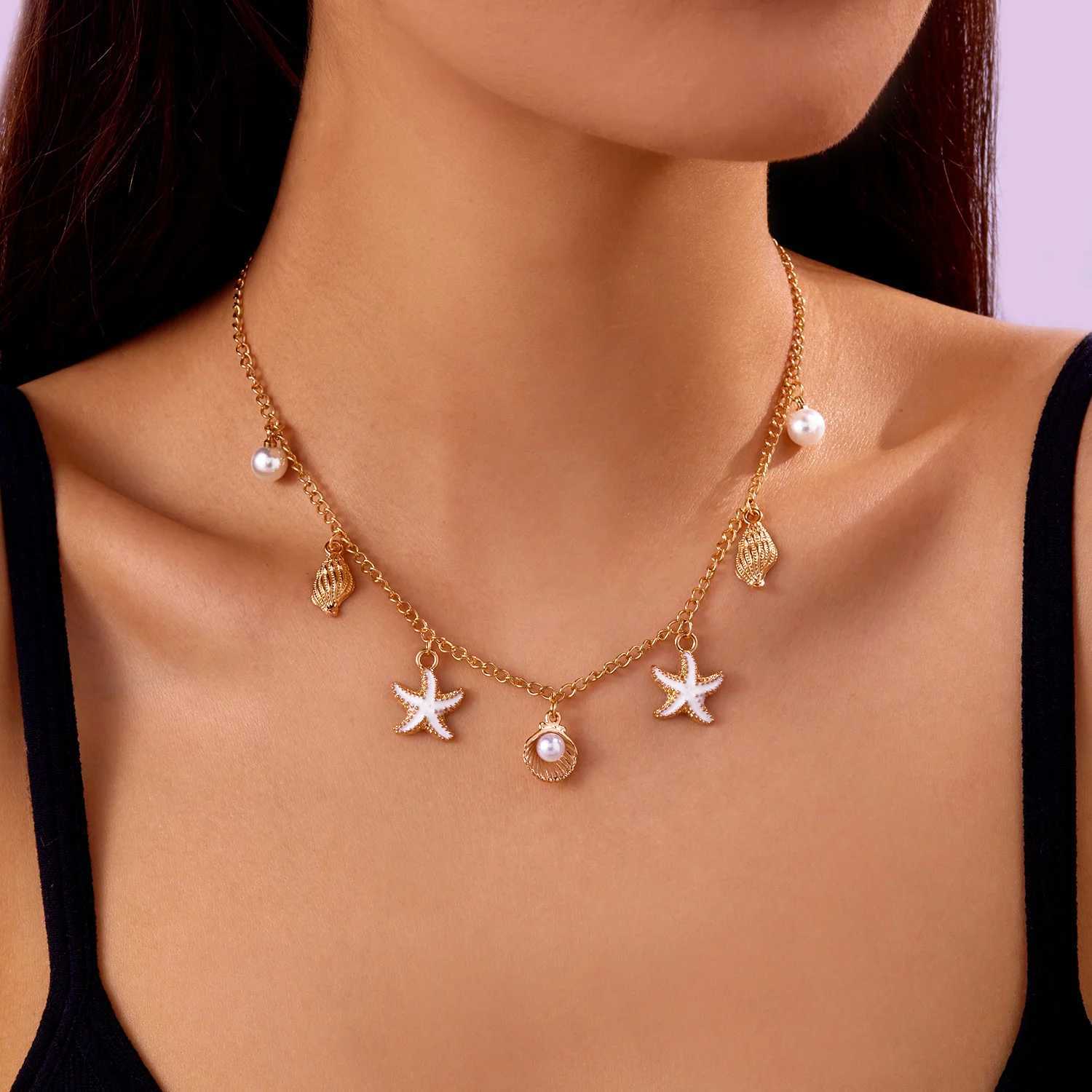 Bohemian Starfish Shell Conch Turtle Pendant Necklace for Women Imitation Pearl Charm Chain Necklace Beach Jewelry Vacation Gift XJ250604
