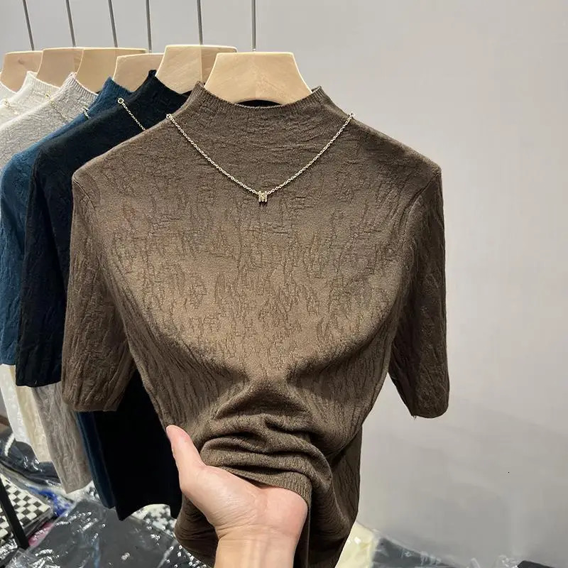 2025 Knitted Halfturtleneck Pullover Bottom Shirts Sweater Jumper Elegant Korean Fashion Short Sleeved Tops Knitwear 250530