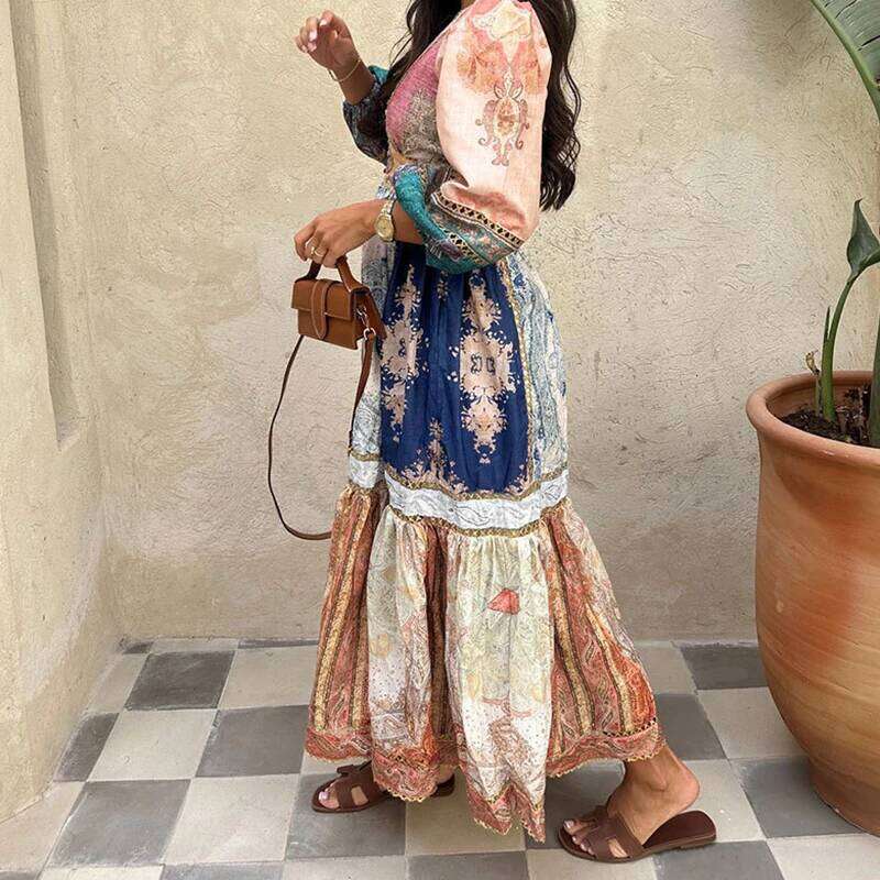 Fashion Printed Patchwork Loose Dresses Spring Women Retro Puff Sleeve Long New Summer High Waist V Neck Knee Length Dress