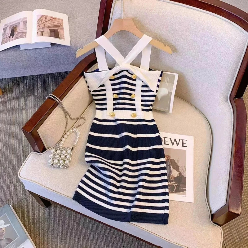 Woman Halter Sleeveless Bodycon Dress Womens Slim Temperament Striped Mini Dresses Summer Knit Fashion Dress 250604