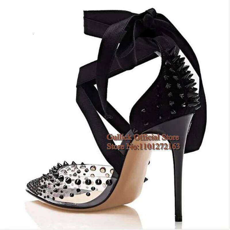 Sexy Black Rivets Spikes High Heels Lace Up Clear PVC Transparent Pointed Toe Banquet Studded Party Shoes Size 42