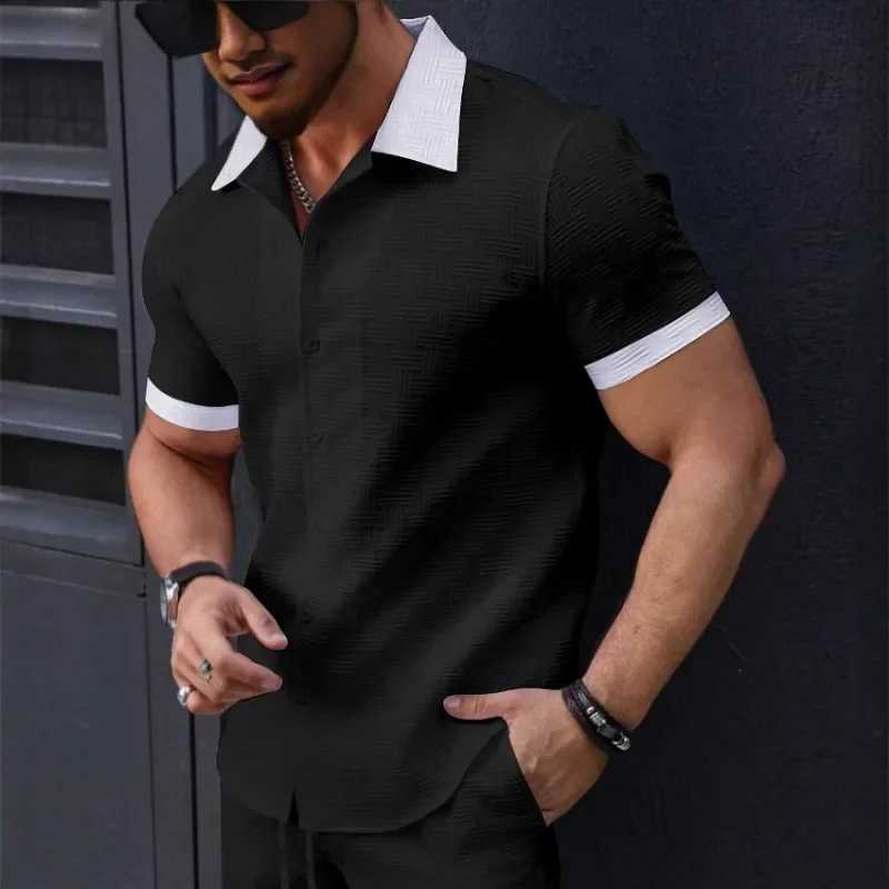 New Fashion Mens Jacquard Collocation Color Casual Short-sleeved Shirt Mens Casual T-shirt Men Clothing Polo Shirt XJ250605