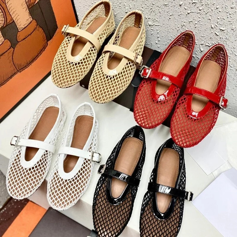 Fishing Net Shoes Womens Flat Mary Janes Shoes Summer Shallow Buckle Strap Sandals Ladies Summer Cut Out Loafers 250603