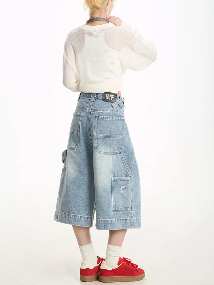 Y2K Street Vintage Washed Cat Whiskered Style Wide Leg Bermuda Jeans Knee Length Denim Jorts Casual Shorts Cropped Trousers 250604