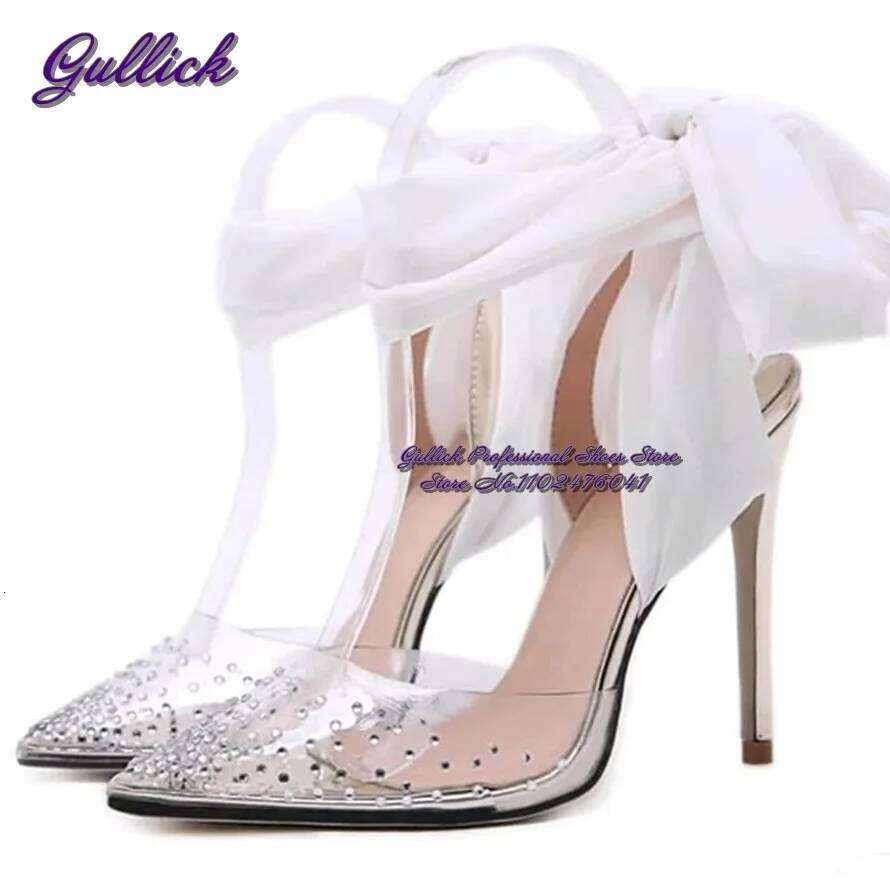 Gullick Red White Black Mesh Butterfly-Knot Lace-Up Wedding Shoes Clear PVC Crystal Pointed Toe Dress Pumps Glittering Slingback
