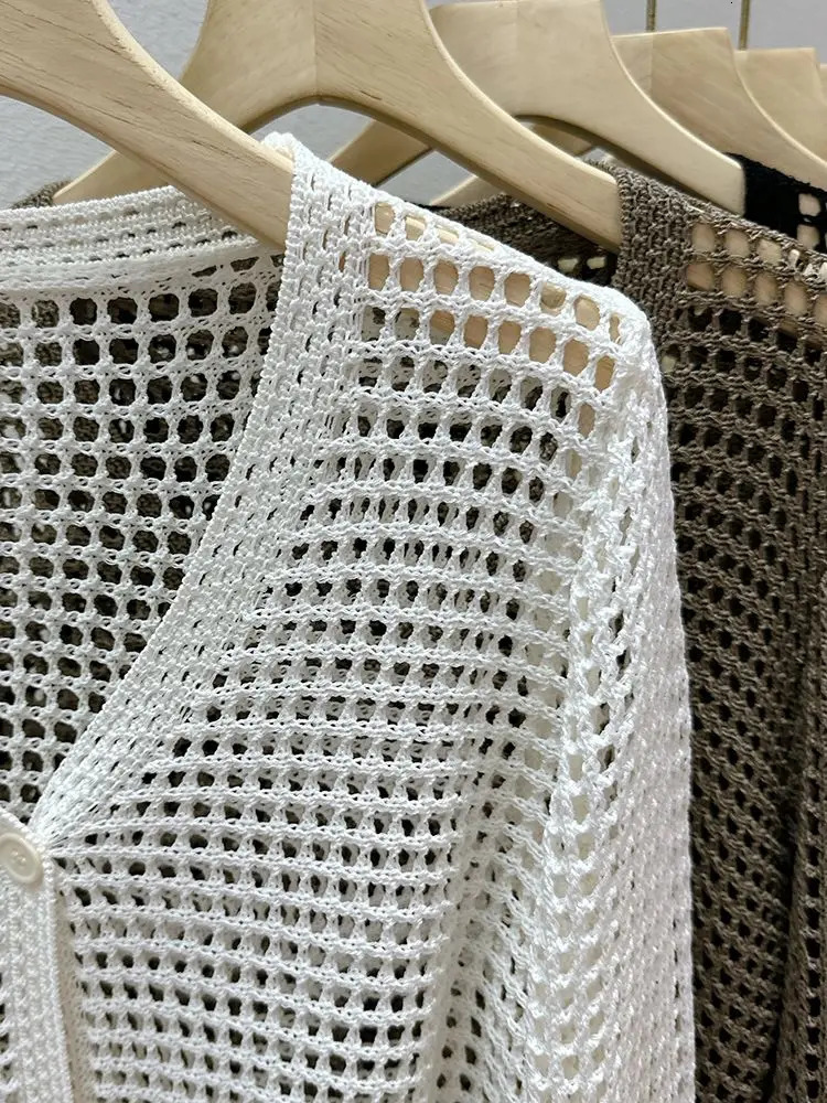 Hollow Mesh Ice Silk Sunscreen Jacket for Womens Summer Long Sleeved Outerwear with Small Shawl Knitted Cardigan 250530