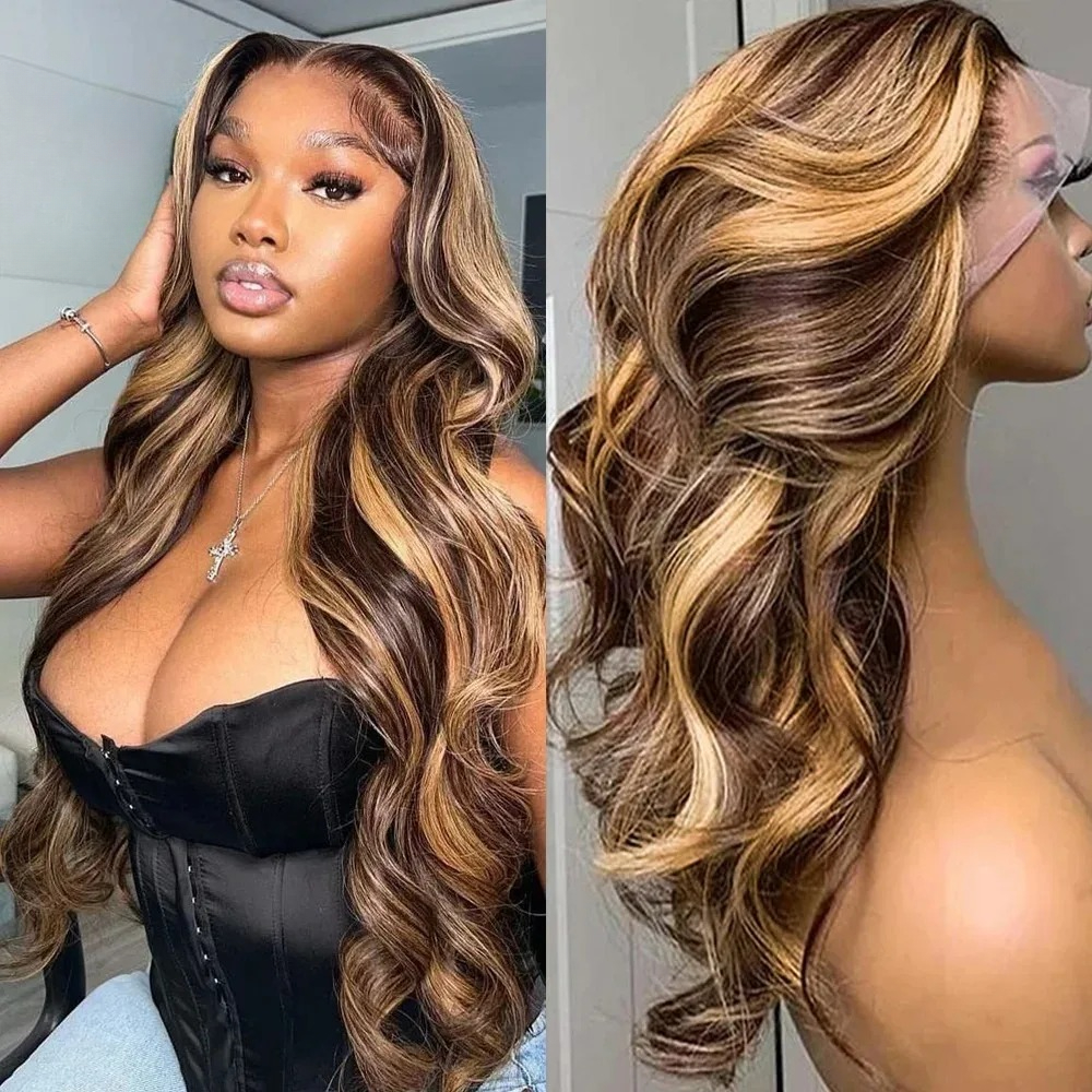 200 Density Lace Front Wigs Human Hair Body Wave Highlight 13x4 13x6 HD Lace Frontal Colored 34 36 Inch Human Wig Synthetic