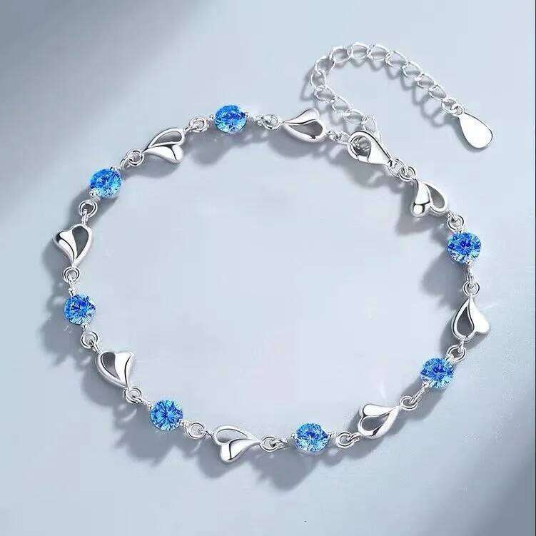 Sterling Sier Heart Shaped Necklace Bracelet For Women Vintage Korean Blue Crystal Bracelets Set Party Jewelry