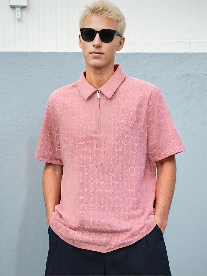 SpringSummer Mens Polo Shirt Checkered Pattern Zipper Decoration Lapel Solid Color Clothing Short Sleeve Tee 250527