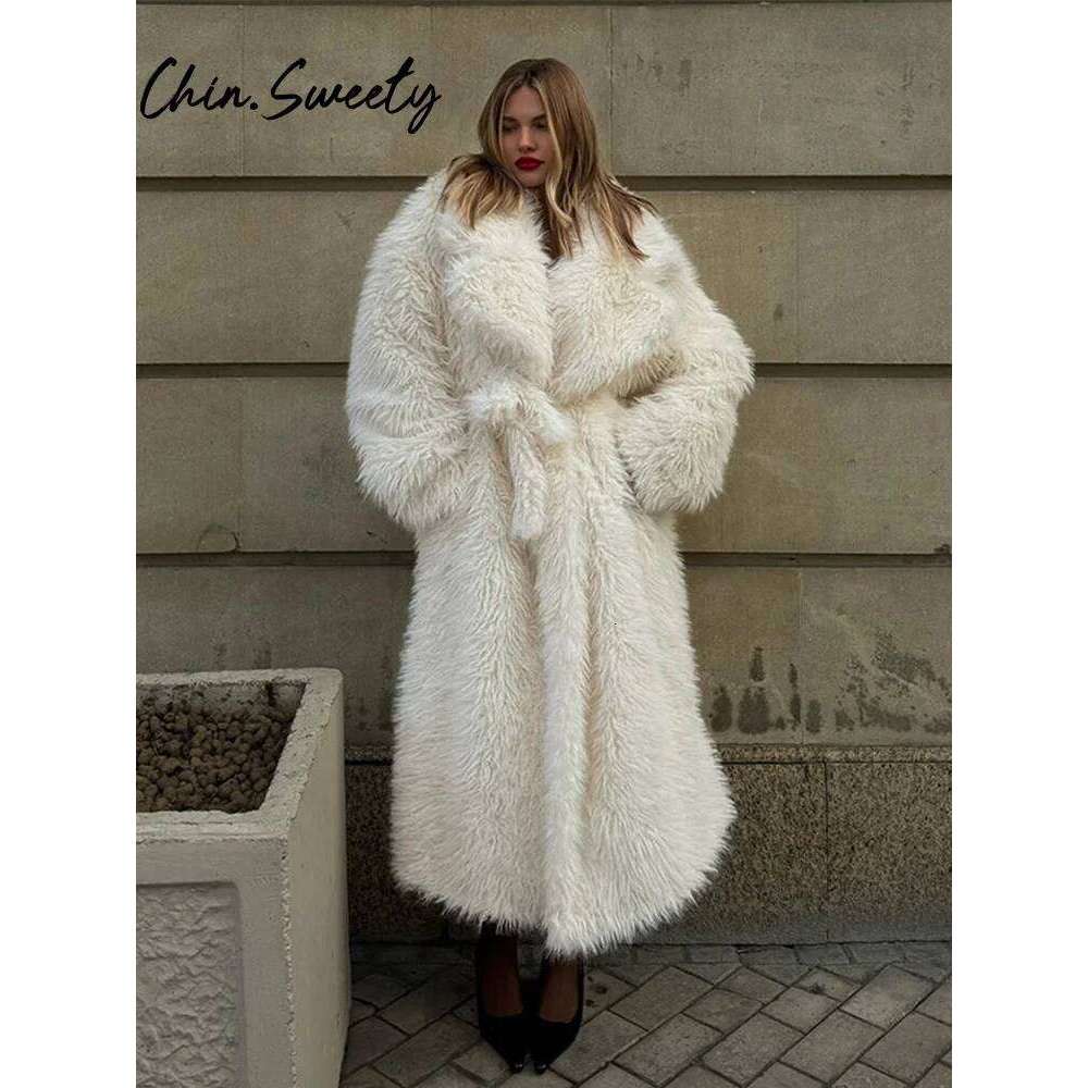 Casual Belt Faux Fur Long Women Coat Urban Full Sleeve Lapel Pocket Thicken Female Streetwear Winter Elegant Lady Outwear luanyun